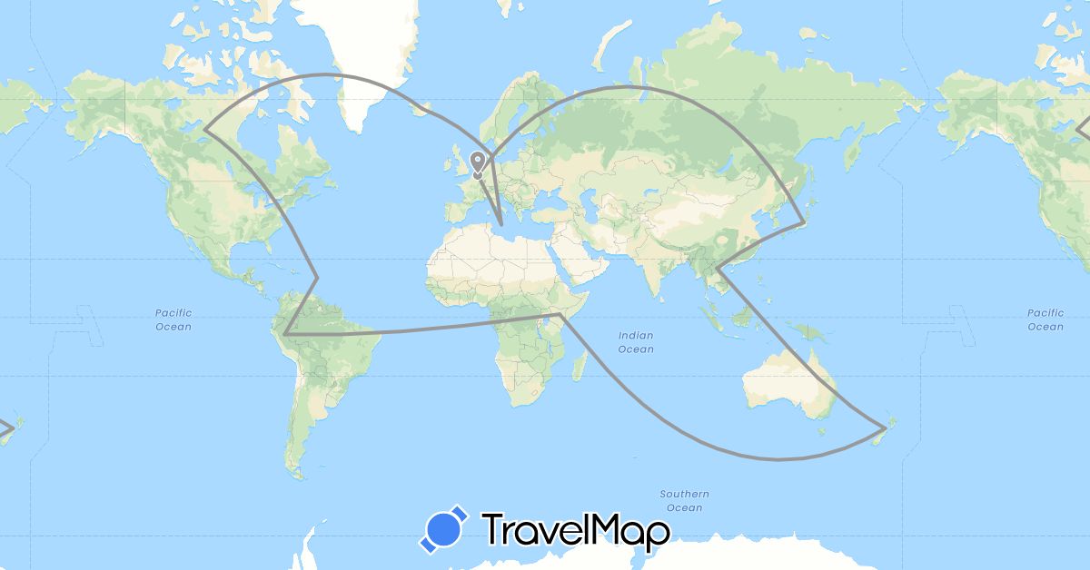 TravelMap itinerary: driving, plane in Belgium, Canada, Denmark, France, Iceland, Japan, Kenya, Laos, Malta, New Zealand, Peru (Africa, Asia, Europe, North America, Oceania, South America)